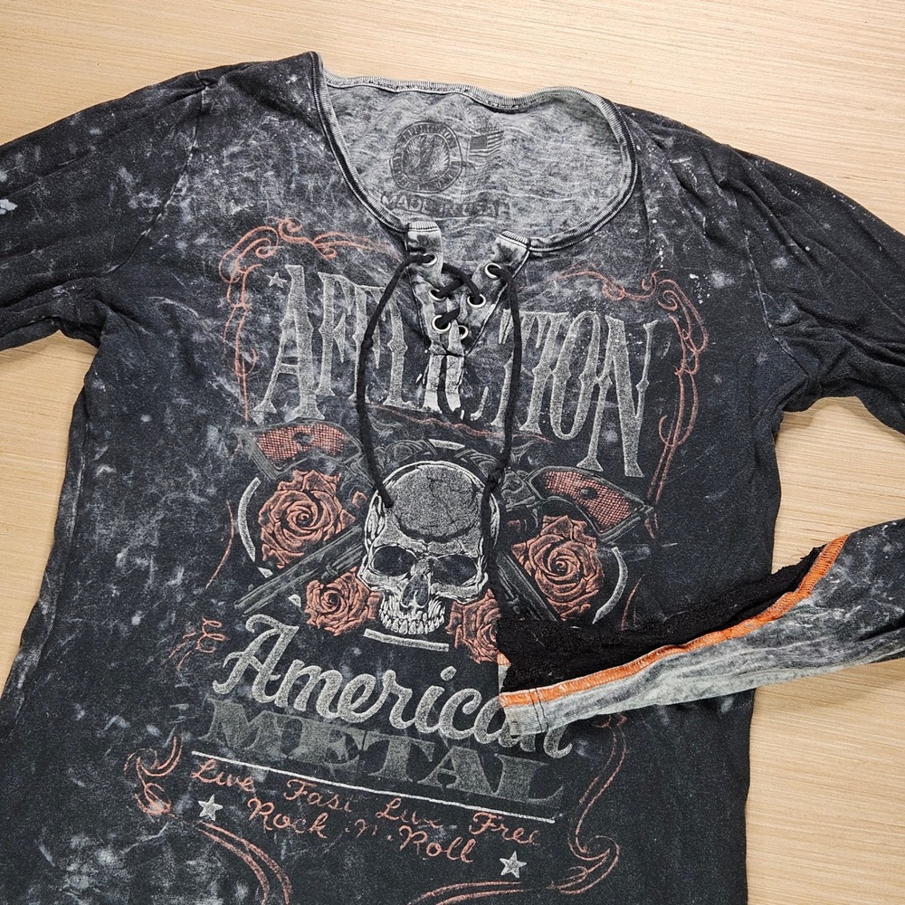 Affliction American Metal Long Sleeve Women S Black Acid Wash Skull Lace‎ Y2K
